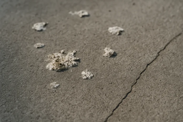 Gros plan de fientes de pigeons séchées sur une surface bétonnée, lumière naturelle.