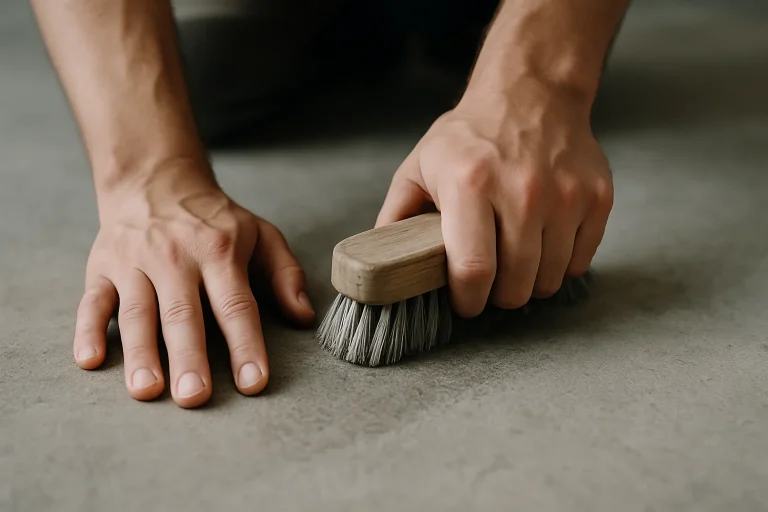 Deux mains utilisant une brosse dure pour nettoyer un sol en béton souillé par des fientes de pigeon
