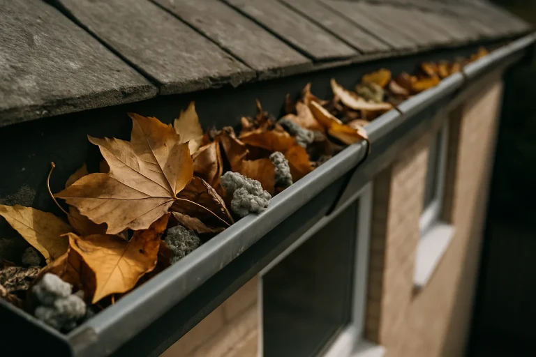 Gouttière extérieure bouchée par des fientes de pigeon et des feuilles.