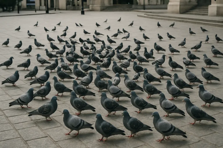 Place urbaine avec de nombreux pigeons rassemblés, vue en plongée.