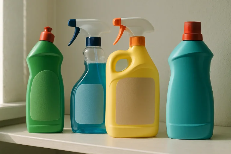 Gros plan de produits de nettoyage sur une étagère, bouteilles colorées et sprays.