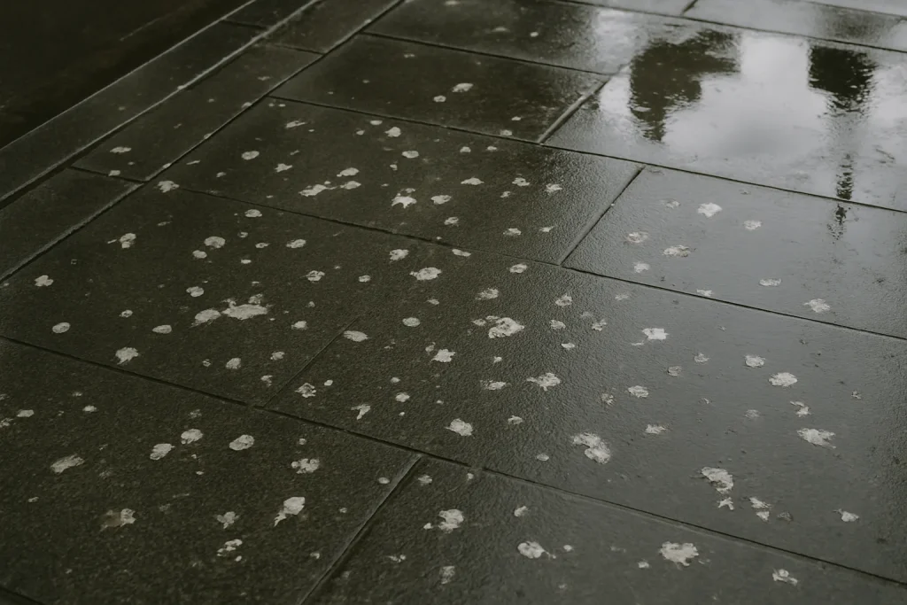 Trottoir mouillé par la pluie avec des fientes de pigeon éparpillées.