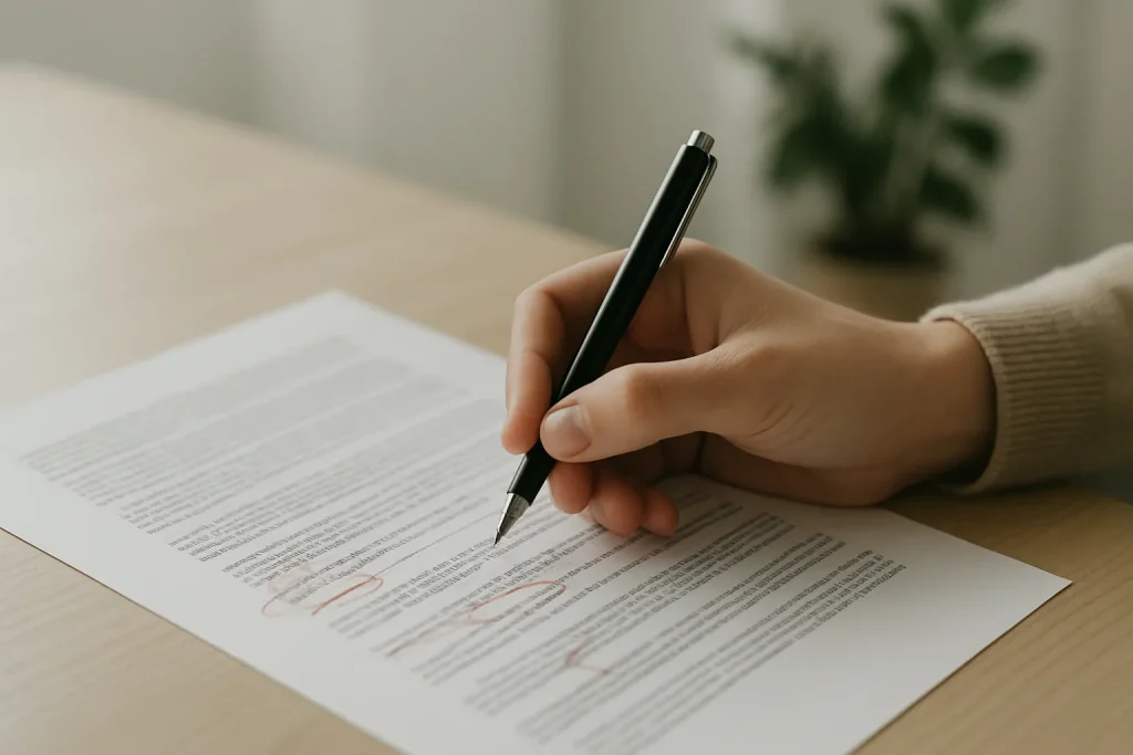 Gros plan d'un document juridique annoté avec une main tenant un stylo
