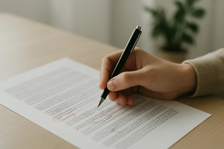 Gros plan d'un document juridique annoté avec une main tenant un stylo
