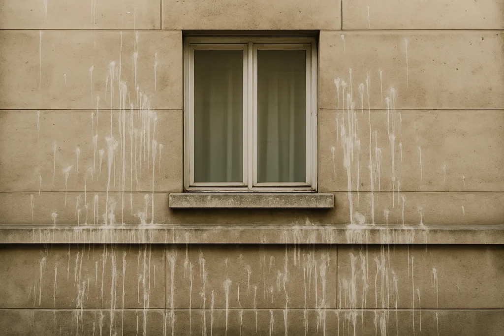 Façade de bâtiment endommagée par des fientes de pigeon, traces visibles sur les murs.