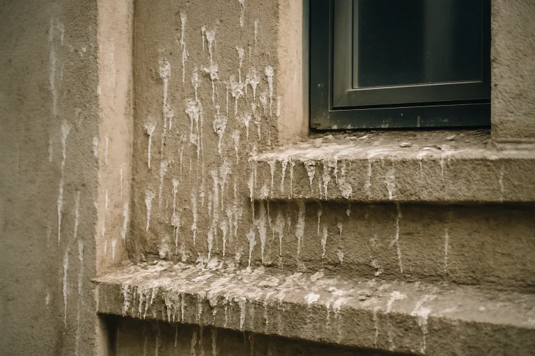 Gros plan sur une façade de bâtiment avec des fientes de pigeon incrustées.