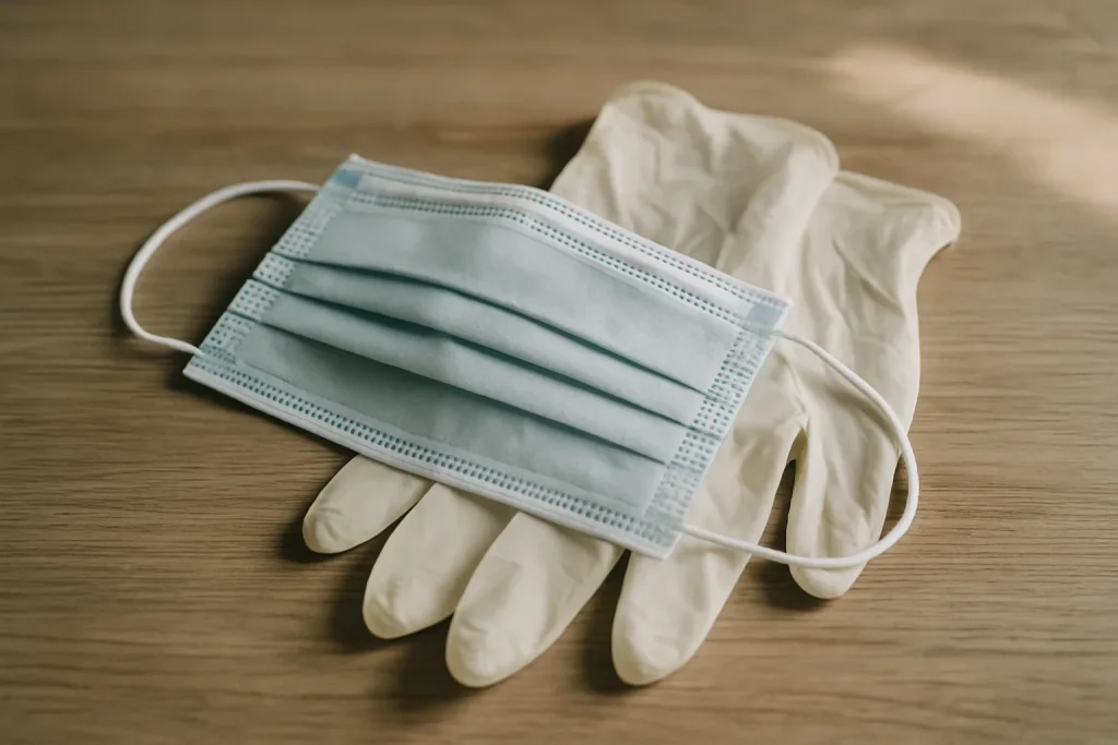 Masque de protection et gants en caoutchouc posés sur une table en bois.