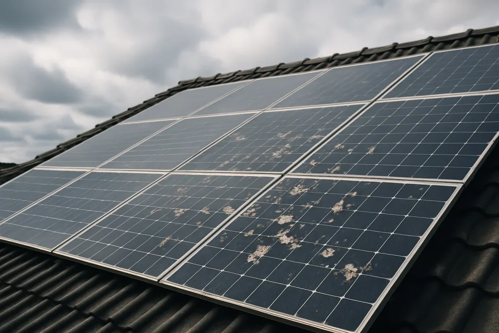 Installation de panneaux solaires sur un toit avec des fientes de pigeon visibles.