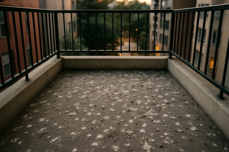 Balcon couvert de fientes de pigeons, mettant en lumière les risques sanitaires.