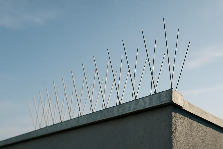 Barrière anti-pigeon métallique sur un toit sous un ciel bleu.