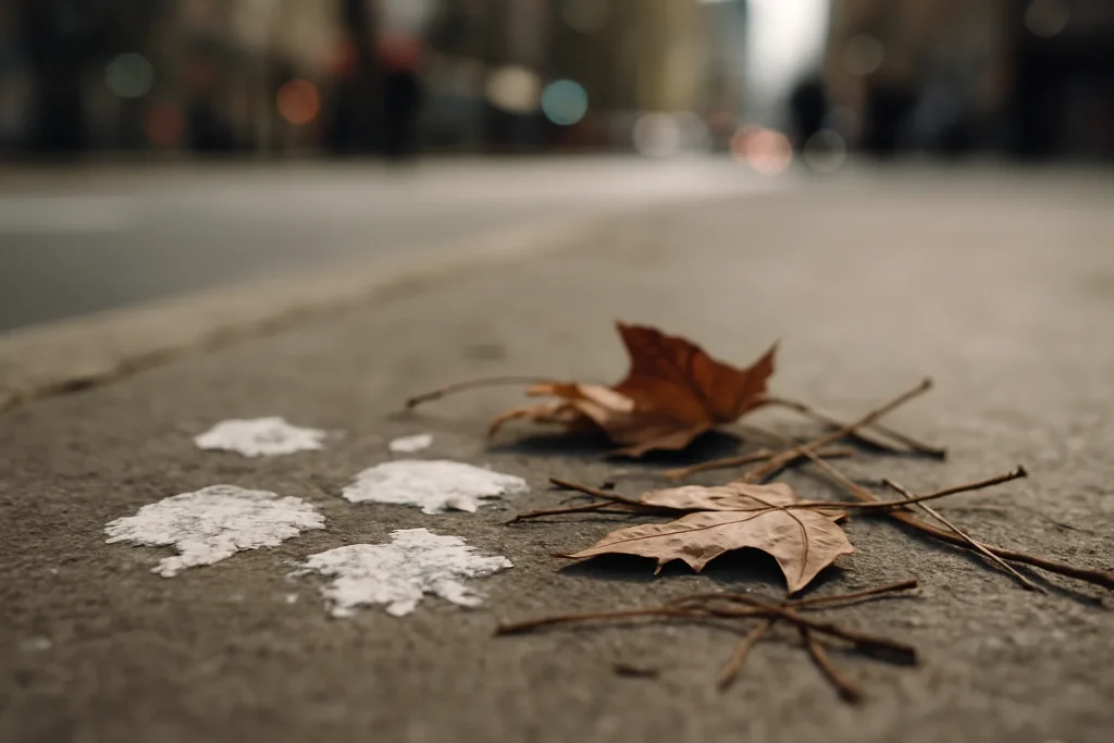 Gros plan d'une surface avec fientes de pigeon, feuilles mortes et branches, rue floue en arrière-plan.