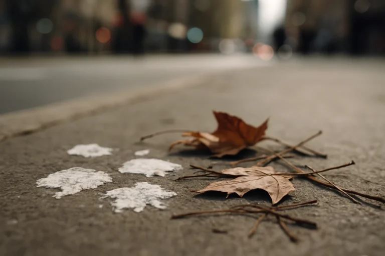 Gros plan d'une surface avec fientes de pigeon, feuilles mortes et branches, rue floue en arrière-plan.