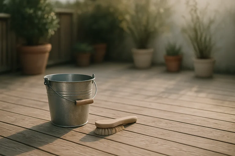 Terrasse en bois avec seau et brosse, plantes en arrière-plan.