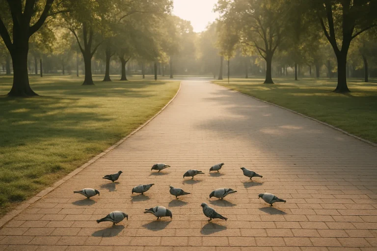 Pigeons cherchant de la nourriture dans un parc urbain sous une lumière dorée matinale.