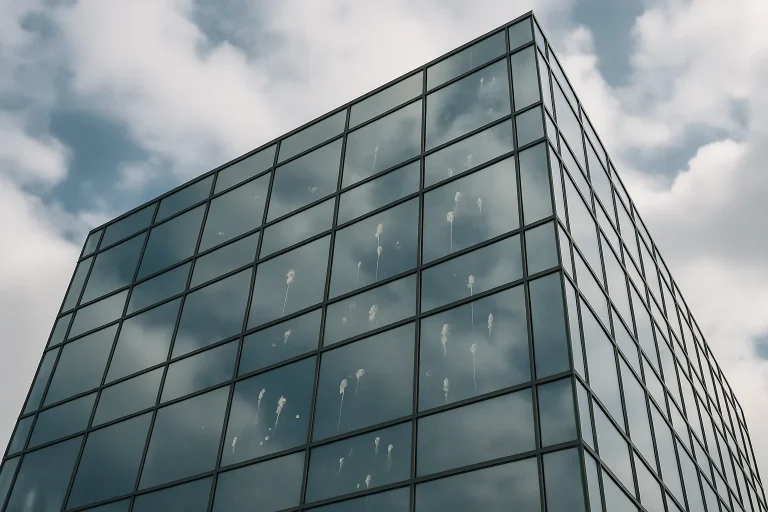 Façade vitrée d'un immeuble avec fientes de pigeons, lumière naturelle