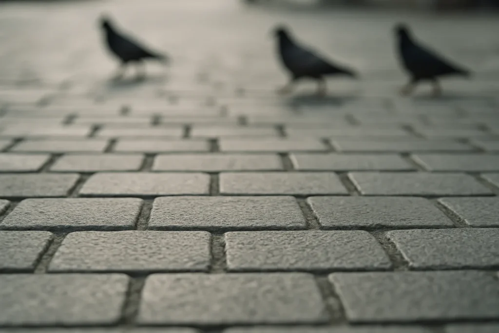 Pavés urbains neufs avec des pigeons flous en arrière-plan, lumière naturelle.