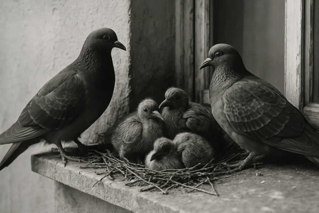 Nid de pigeons sur un rebord de fenêtre en noir et blanc, adultes et jeunes présents.