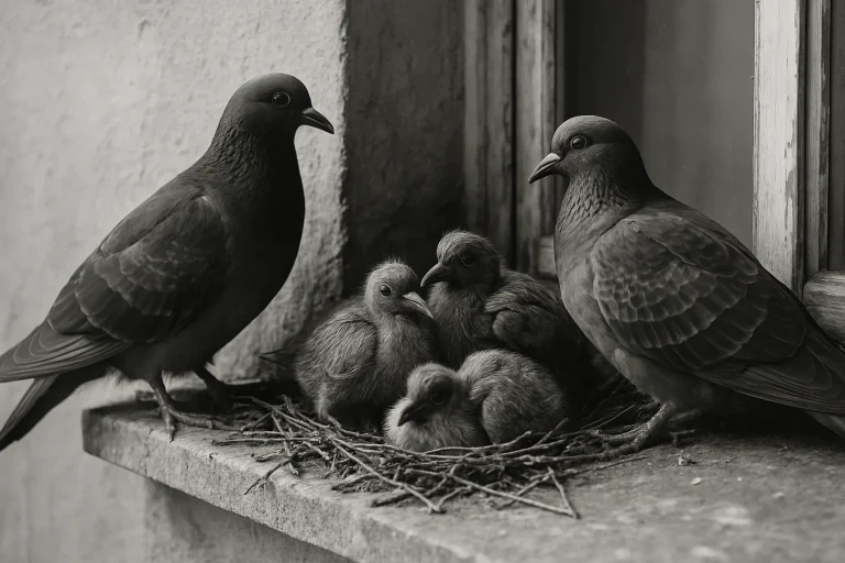 Nid de pigeons sur un rebord de fenêtre en noir et blanc, adultes et jeunes présents.
