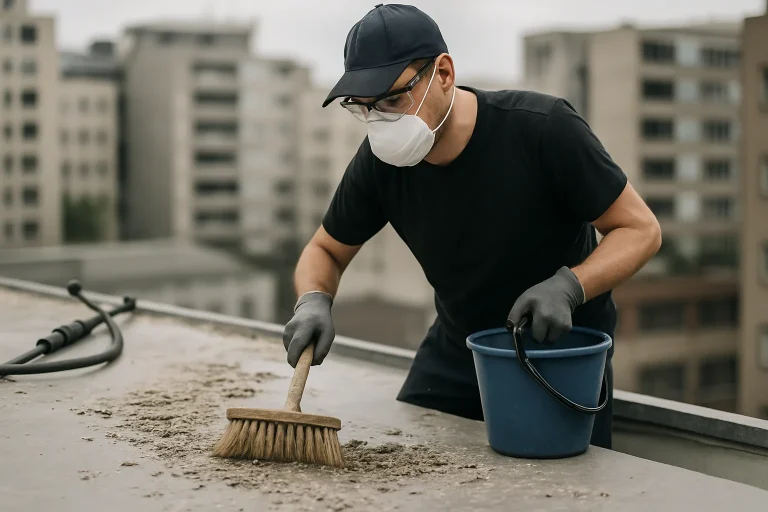 Technicien nettoyant un toit avec des fientes de pigeons sous un ciel clair.