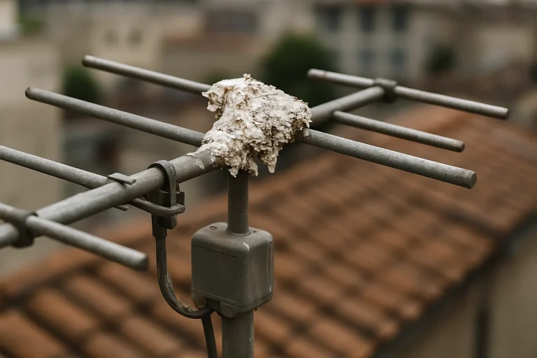Antenne TV recouverte de fientes de pigeon, gros plan avec arrière-plan flou.