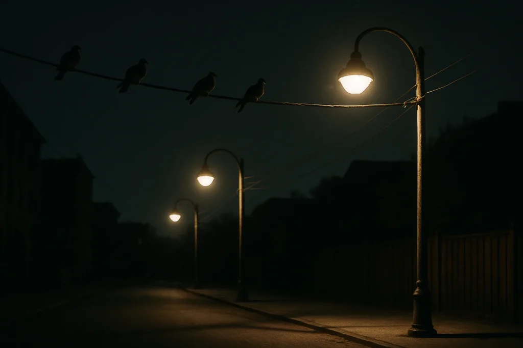 Pigeons perchés sur des câbles électriques sous un éclairage artificiel nocturne.