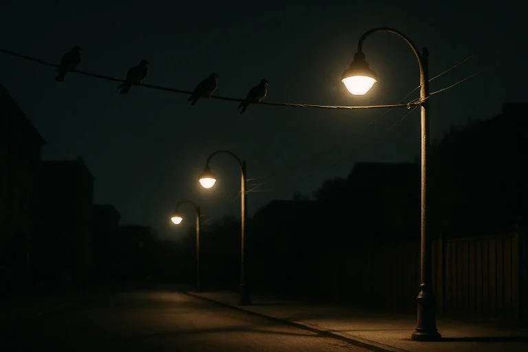 Pigeons perchés sur des câbles électriques sous un éclairage artificiel nocturne.