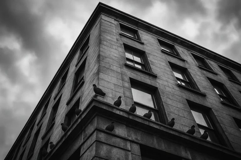 Pigeons perchés sur un bâtiment urbain, influencés par son acoustique.