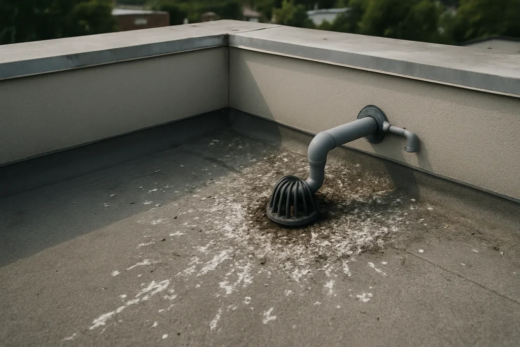 Toit plat avec des systèmes d'évacuation bloqués par des fientes de pigeons.
