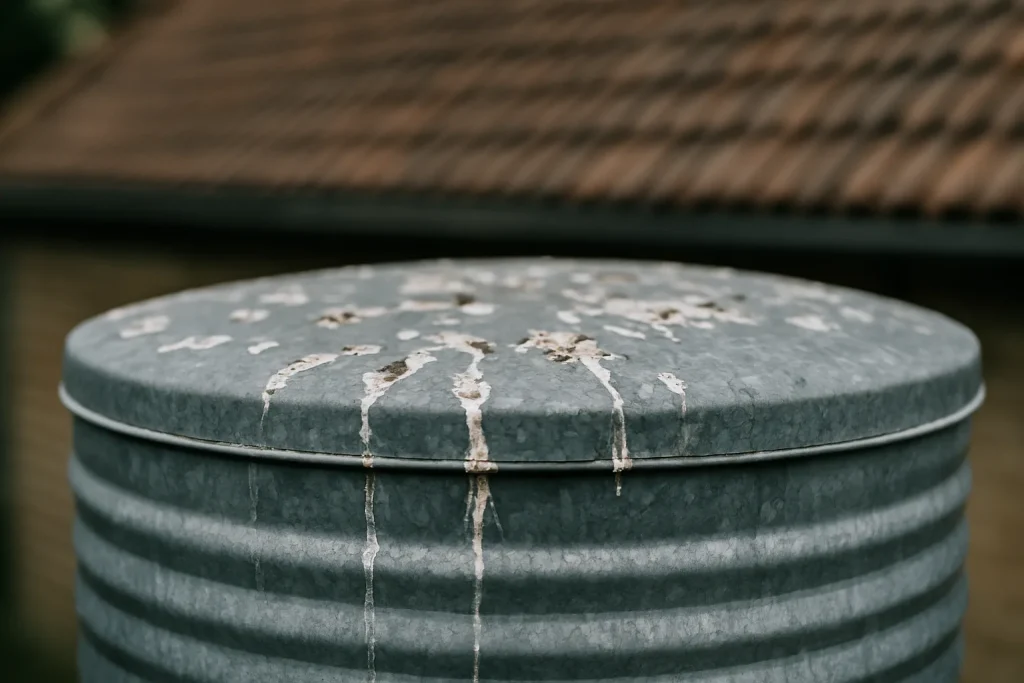 Gros plan d'un réservoir d'eau de pluie en métal avec des fientes de pigeon visibles sur le dessus.