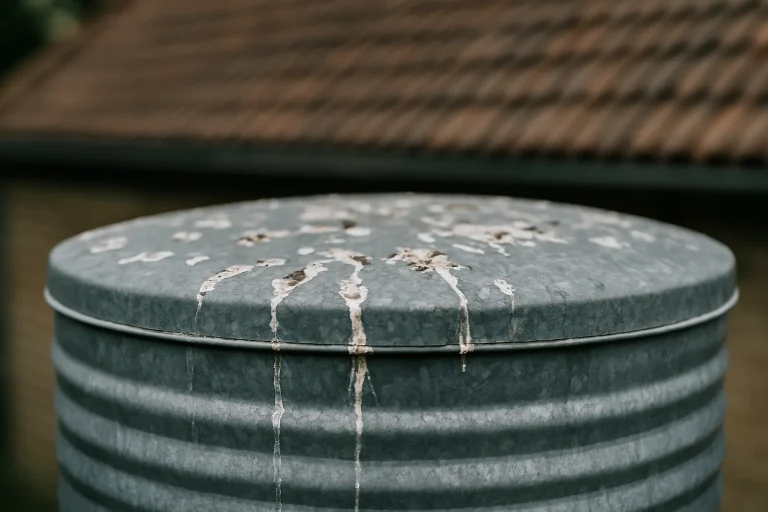 Gros plan d'un réservoir d'eau de pluie en métal avec des fientes de pigeon visibles sur le dessus.