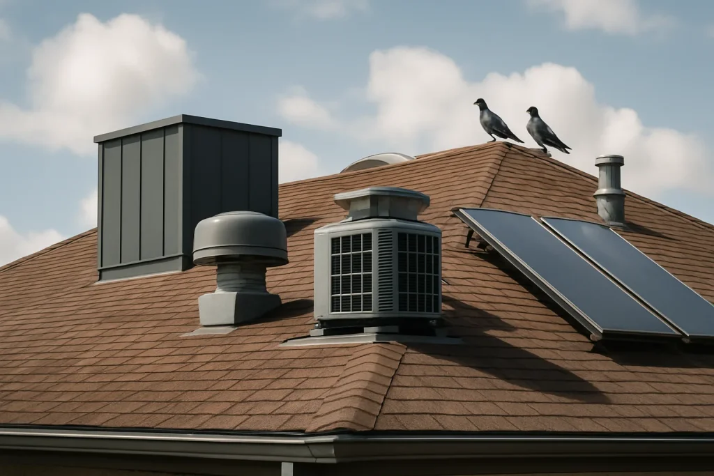 Vue d'une toiture avec équipements de chauffage et pigeons perchés à proximité.