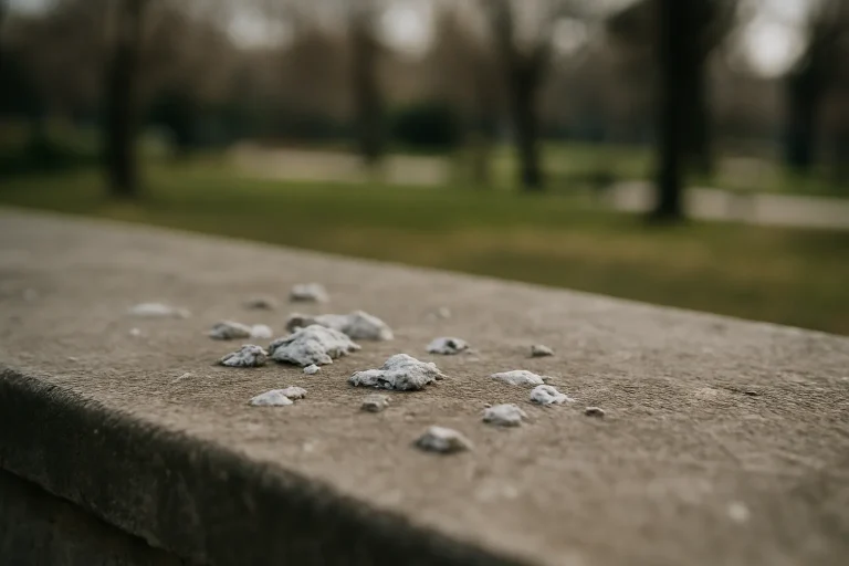 Gros plan de fientes de pigeon sur une surface urbaine avec arrière-plan flou d'un parc.