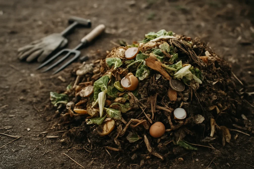Tas de compost en plein air avec des matières organiques et outils de jardinage en arrière-plan.