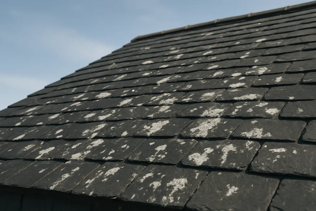 Toit en ardoise avec des fientes de pigeons visibles, ciel bleu en arrière-plan.