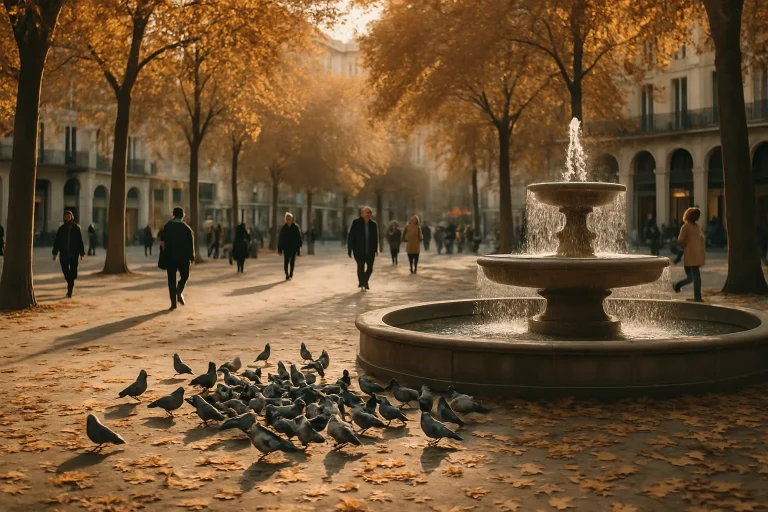 Pigeons se regroupant près d'une fontaine sur une place urbaine en automne