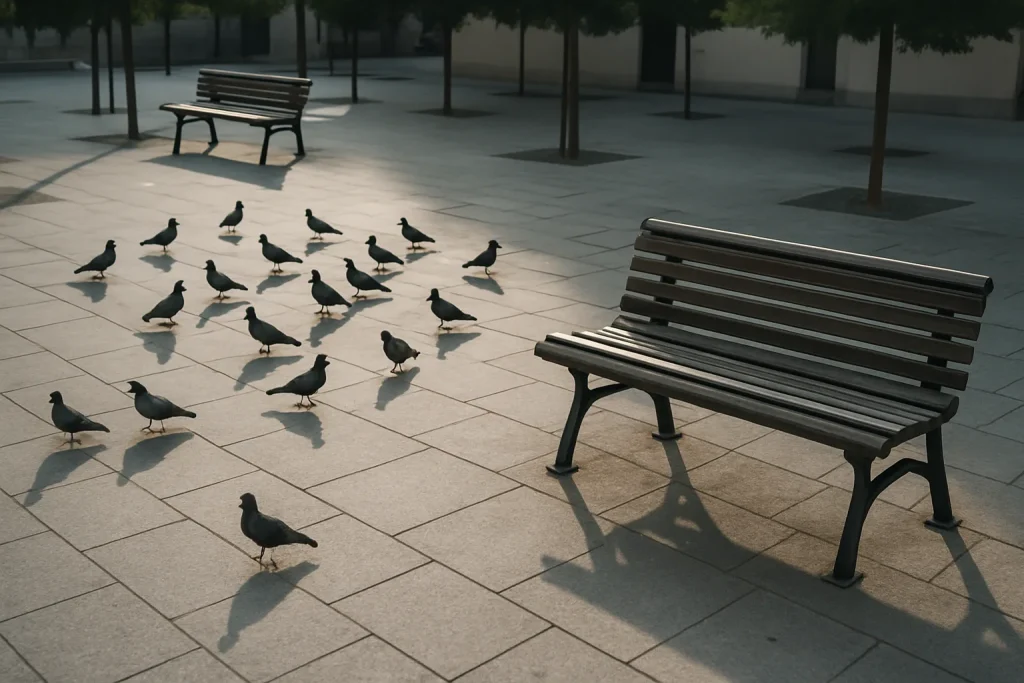 Place urbaine avec bancs publics et pigeons posés, matin doux.