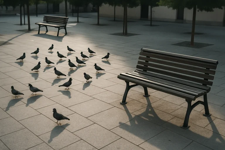 Place urbaine avec bancs publics et pigeons posés, matin doux.