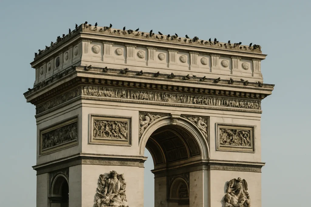 Des pigeons perchés sur un monument historique sous un ciel clair.