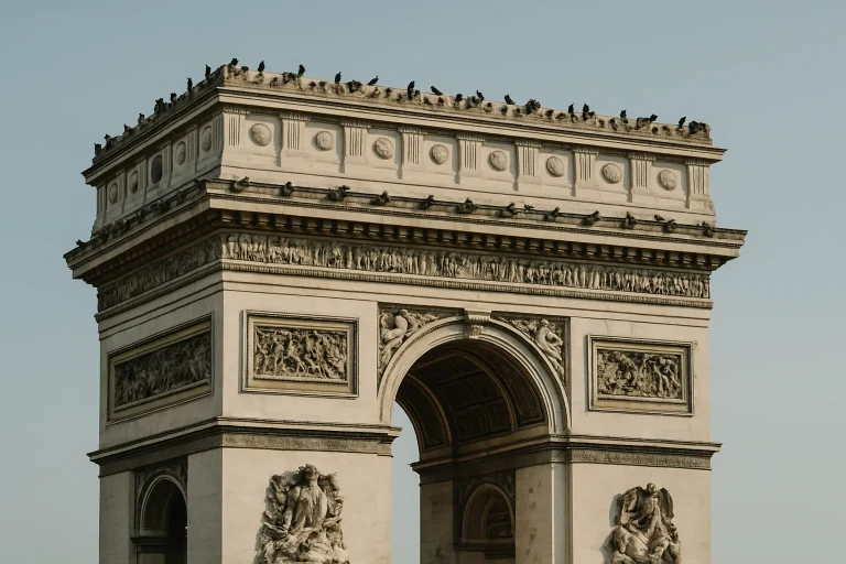 Des pigeons perchés sur un monument historique sous un ciel clair.
