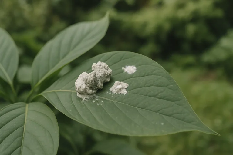 Gros plan de fientes de pigeon sur des feuilles de plante verte dans un jardin
