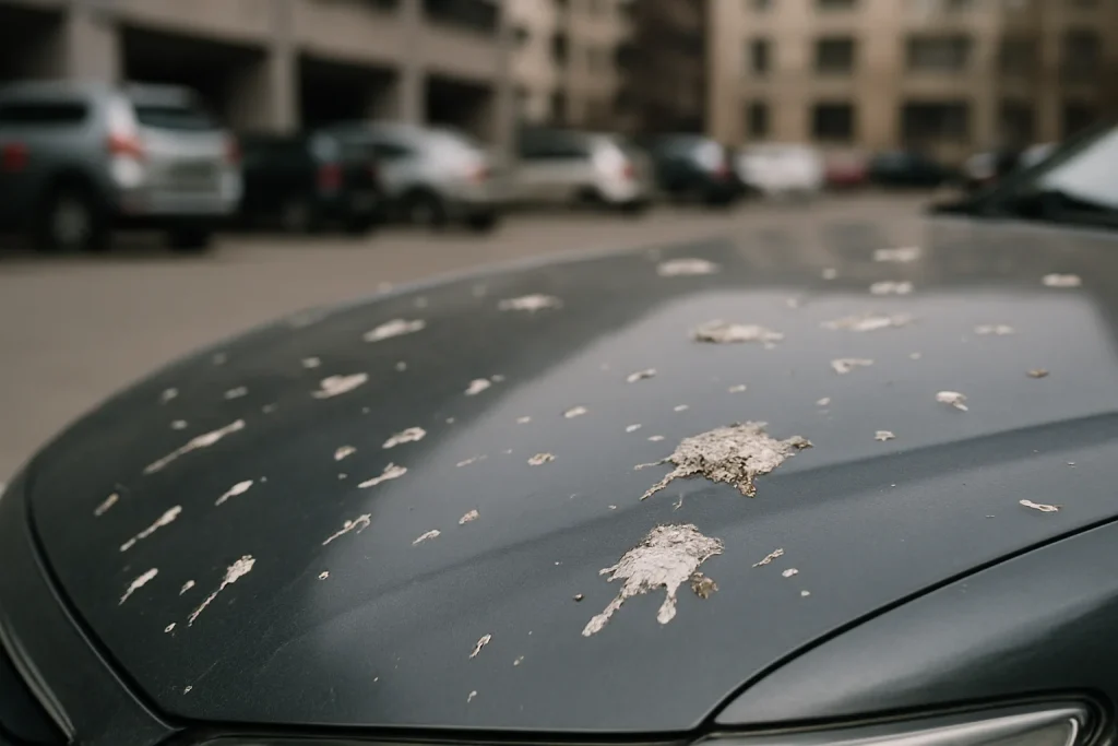 Capot de voiture avec fientes de pigeon séchées, arrière-plan flou de parking.