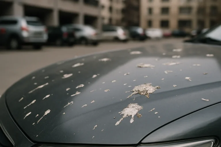 Capot de voiture avec fientes de pigeon séchées, arrière-plan flou de parking.