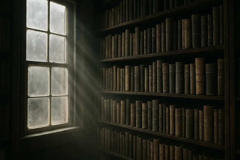 Vieille bibliothèque avec rayons de lumière et fenêtres poussiéreuses, ambiance feutrée
