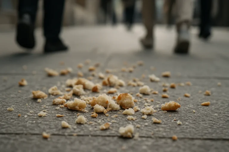 Des miettes de pain sur un trottoir urbain, attirant les pigeons.