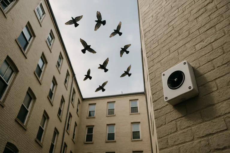 Dispositif sonore anti-pigeon fixé sur un mur avec pigeons en vol