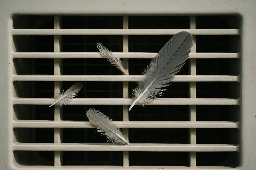 Grille de ventilation de climatisation avec plumes de pigeon coincées, lumière naturelle