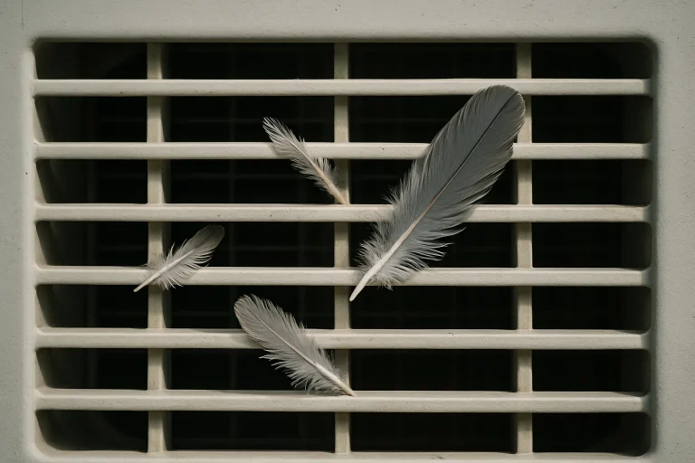 Grille de ventilation de climatisation avec plumes de pigeon coincées, lumière naturelle