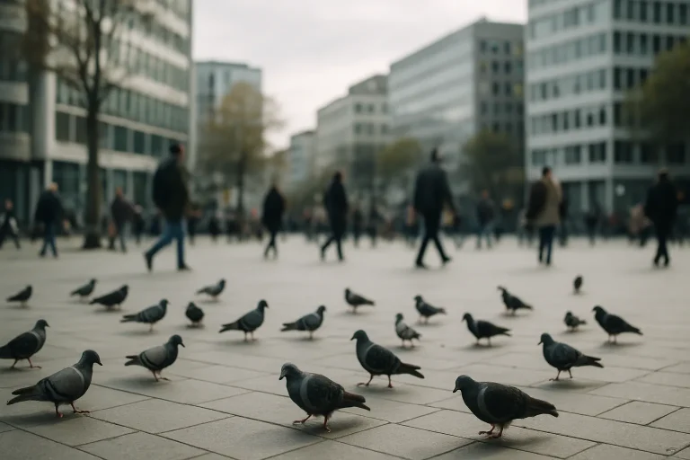 Scène urbaine avec pigeons au sol, passants flous et bâtiments modernes.