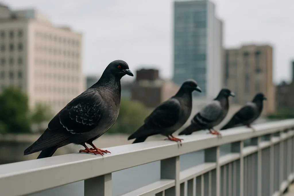 Balustrade moderne avec pigeons perchés, bâtiments flous en arrière-plan.