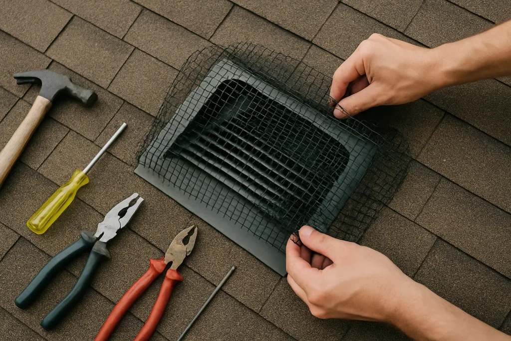 Des mains installent un filet de protection sur une grille de ventilation sur un toit.